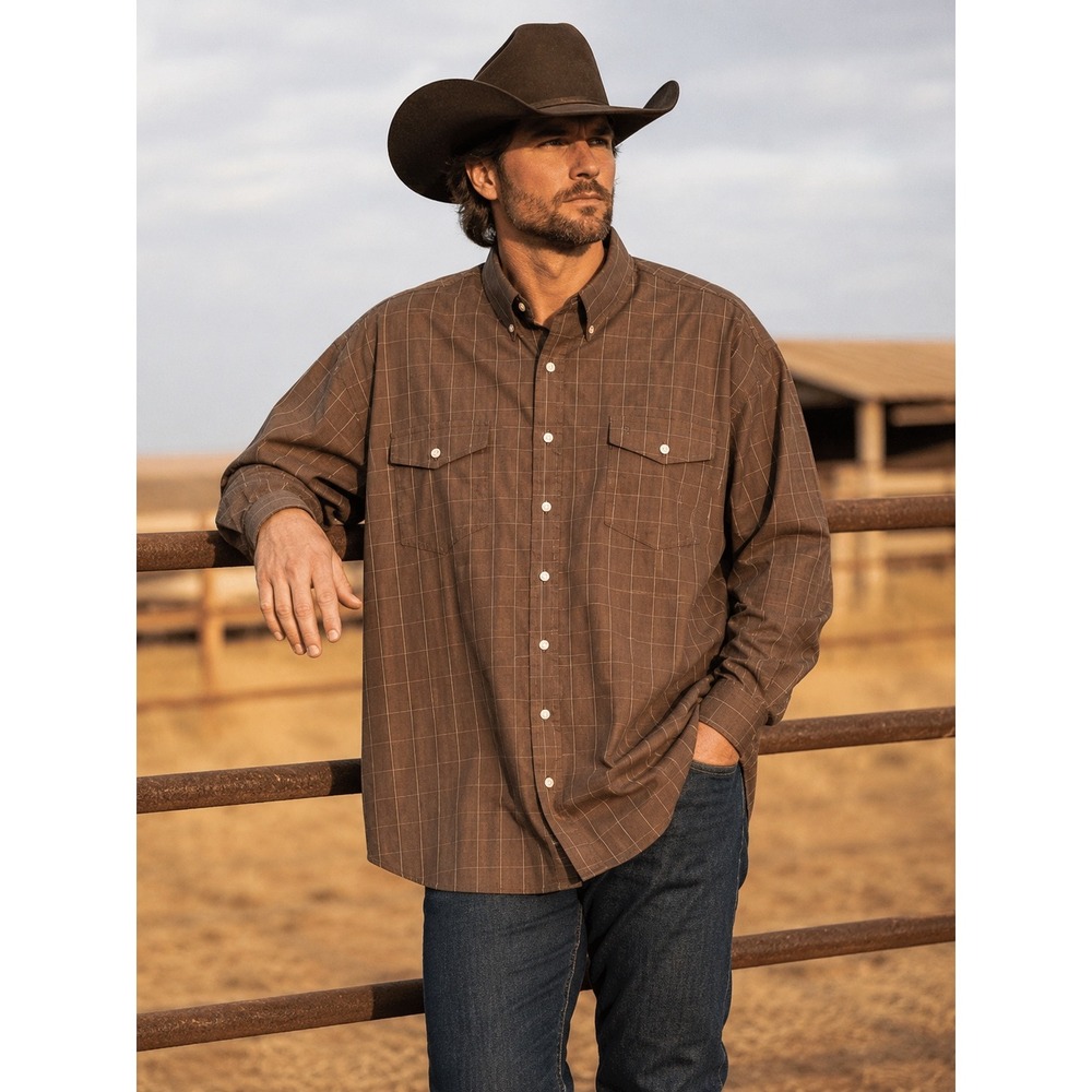 Stetson Mens Western Shirt Plaid Brown 3XL Long Sleeve Button Front‎